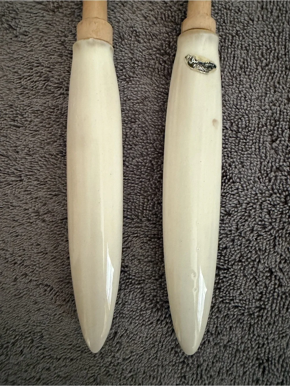 Wooden Serving Spoon and Fork Set with Cream Decorative Ceramic Handles